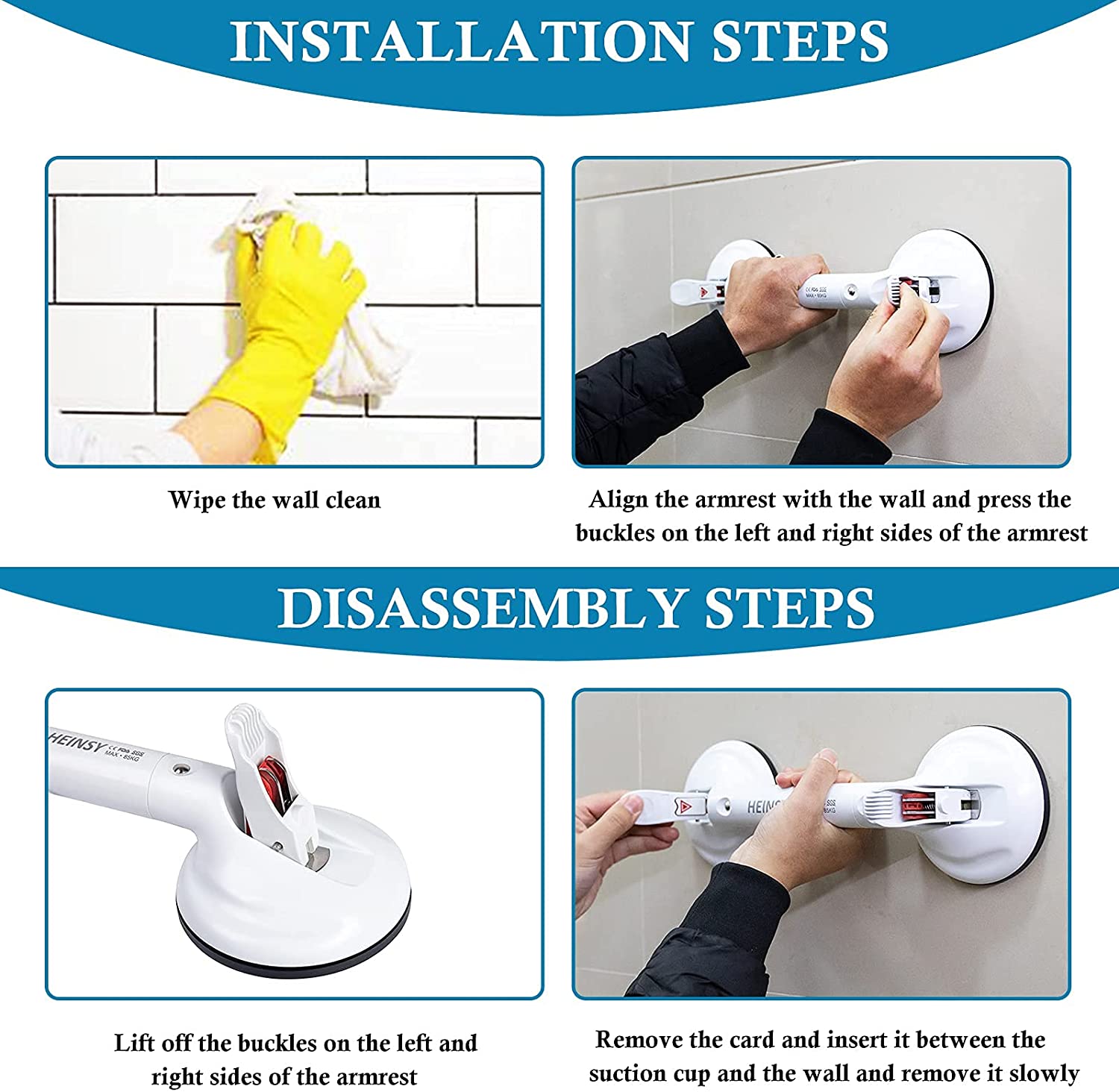 NO TOOL INSTALL ▶ Position suction cup grab bar on bathtub or shower wall, flip latches up. Apply pressure to HANDLE, press each latch down to lock suction grips in place. Ability to easily relocate.