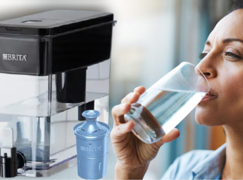Woman Drinking Fresh Water from Brita 18 Cup Filtered Water Dispenser with Longlast Filter