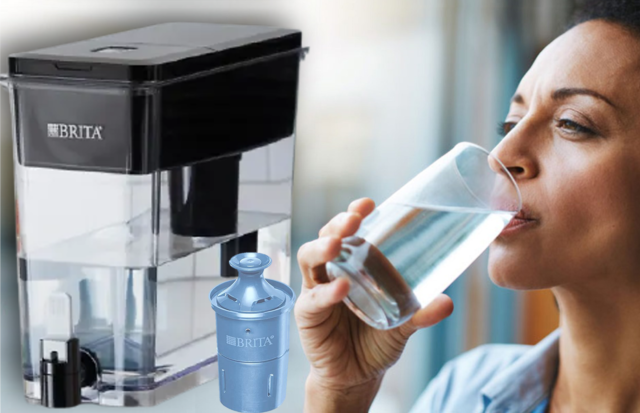Woman Drinking Fresh Water from Brita 18 Cup Filtered Water Dispenser with Longlast Filter
