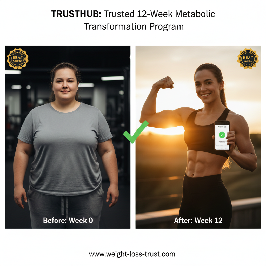 Trusted 12-Week Metabolic Transformation Program before and after comparison, showing a woman's weight loss and fitness gain over three months.