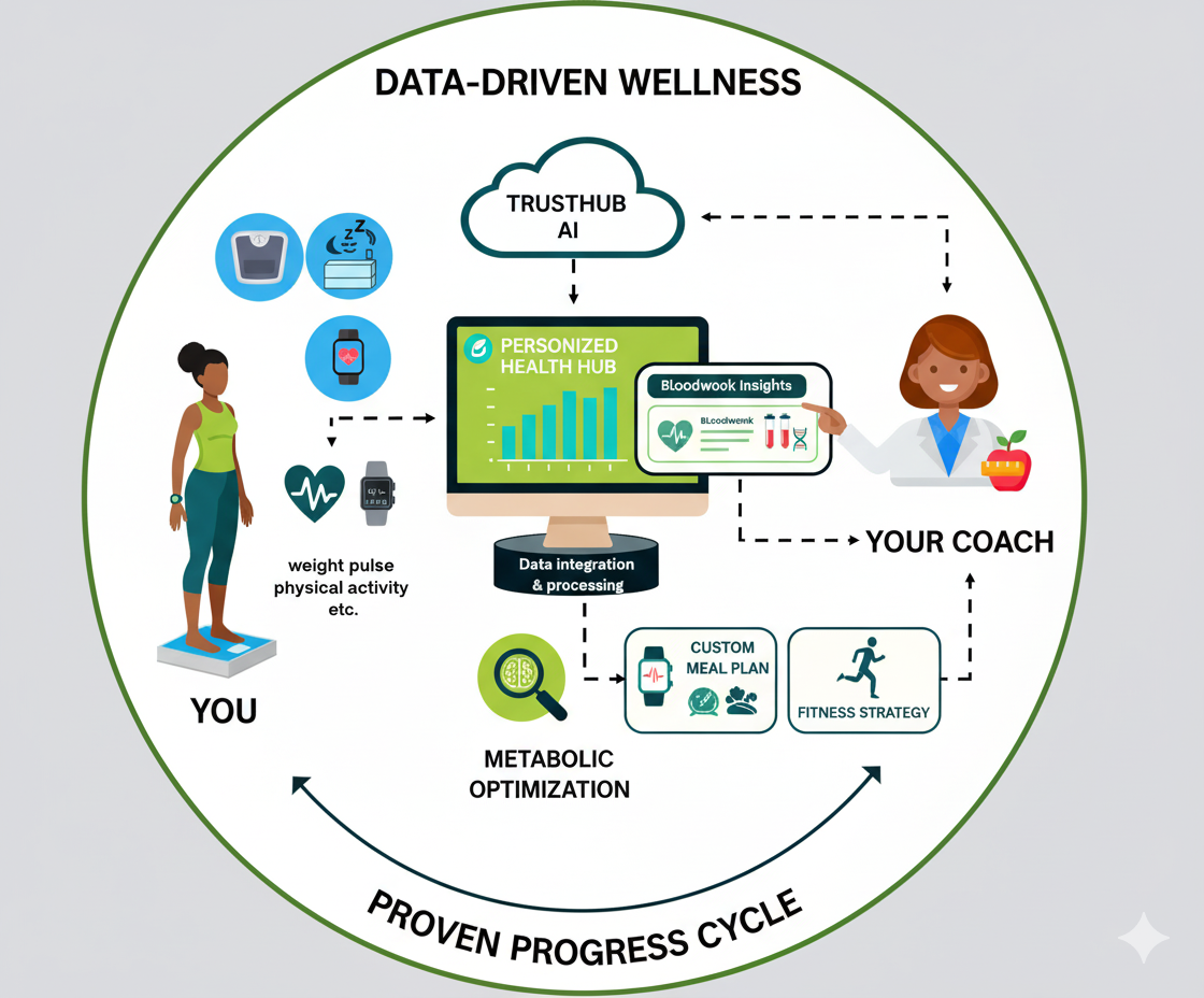 Diagram showing the Proven Progress Cycle of Personalized Nutrition Plans driven by Bloodwork Insights and TRUSTHUB AI, which leads to metabolic optimization and custom meal plans.