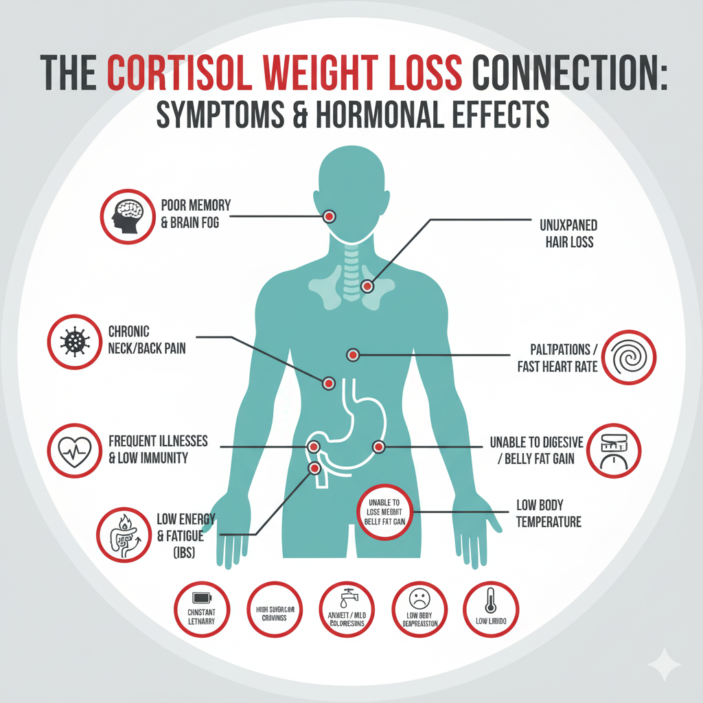 Infographic showing Cortisol Weight Loss connection symptoms, including hormonal belly fat gain, low energy, poor memory, and frequent illness, linked to high cortisol.