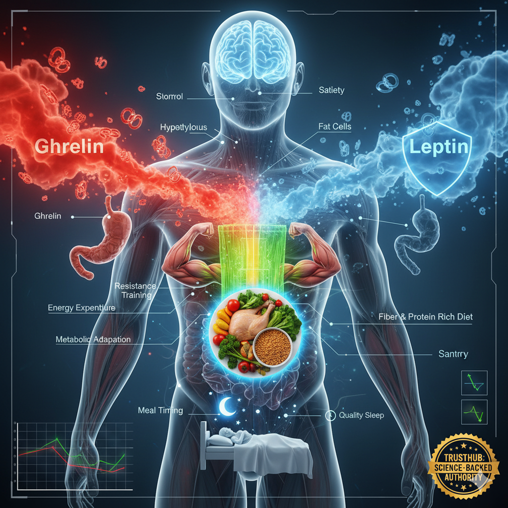 Metabolic adaptation diagram showing Ghrelin and Leptin signals, and science-backed strategies to reverse ghrelin increase after weight loss, including resistance training, high-protein diet, and quality sleep.