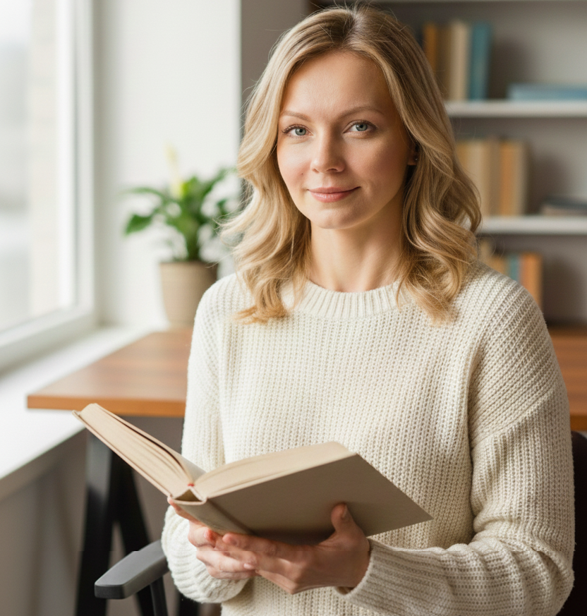 Phyllis Leonard, founder of Weight-Loss-Trust.com, a blonde woman in a cream sweater holding an open book and smiling confidently in a bright, modern office with bookshelves in the background.