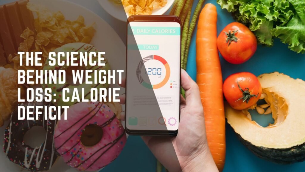 A split-screen image contrasting unhealthy and healthy food choices, with a smartphone in the center tracking daily calories. The left side shows high-calorie foods like doughnuts and chips. The right side shows fresh, low-calorie vegetables like carrots, tomatoes, and leafy greens. The phone screen displays a circular gauge showing a remaining calorie count of "1200 cal," visually representing a calorie deficit goal.