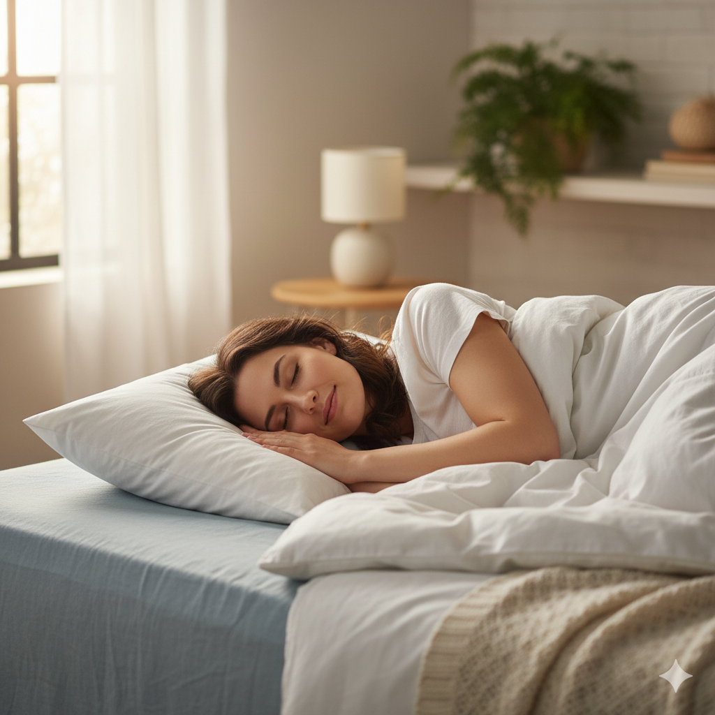 Young woman sleeping soundly and peacefully in a comfortable bed, symbolizing deep restorative rest and successfully improve sleep hygiene.