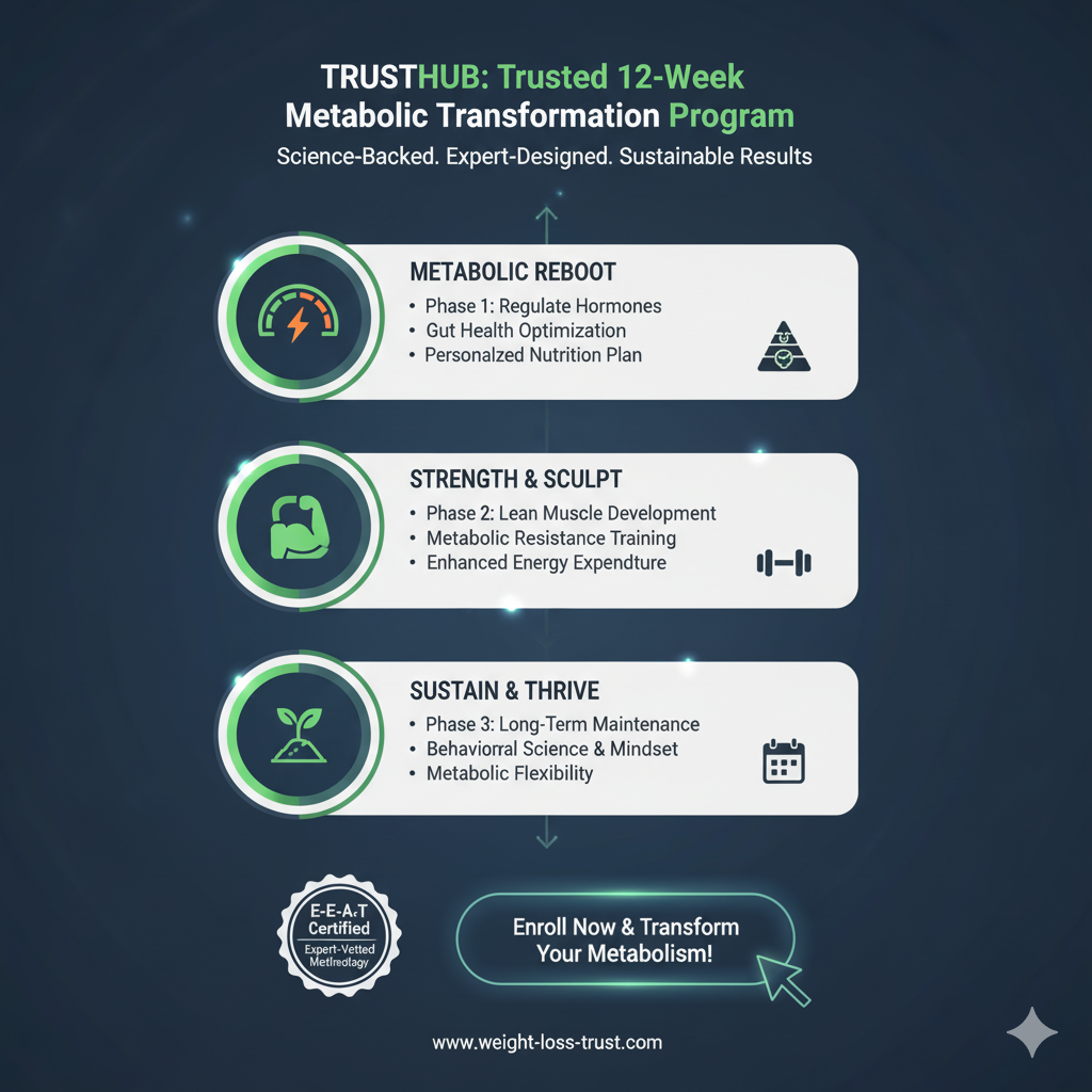 Infographic outlining TRUSTHUB's Trusted 12-Week Metabolic Transformation Program phases: Metabolic Reboot, Strength & Sculpt, and Sustain & Thrive, emphasizing science-backed strategies for sustainable results.