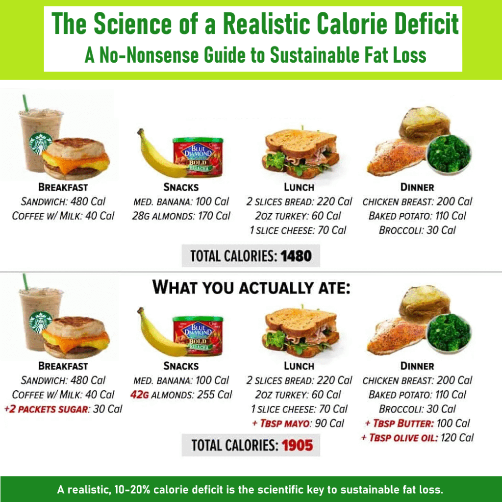A guide titled -The Science of a Realistic Calorie Deficit&- contrasting a planned 1480-calorie menu (breakfast sandwich, coffee w/ milk, banana, almonds, turkey sandwich, chicken breast, baked potato, broccoli) with the actual 1905-calorie menu, showing the hidden calories added by sugar packets, extra almonds, mayonnaise, butter, and olive oil, to illustrate that a realistic 10-20% deficit is key to sustainable fat loss.