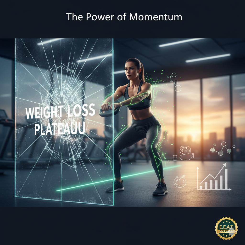 How to break weight loss plateau? Visual representation of a woman breaking a weight loss plateau, symbolizing renewed momentum and progress in her fitness journey through metabolic strategies.