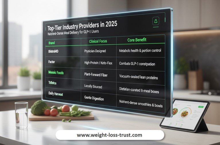 Comparative layout of specialized GLP-1 companion meal boxes with nutritional labels highlighting high protein and fiber content.