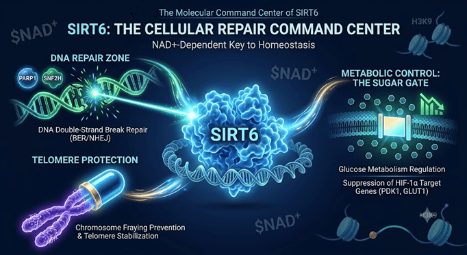 A scientific infographic titled "SIRT6: THE CELLULAR REPAIR COMMAND CENTER." A glowing blue 3D protein model of SIRT6 sits at the center, attached to a winding DNA strand, surrounded by floating "$NAD^+$" fuel labels. Three glowing energy pathways connect the center to different biochemical zones: on the top left, a laser beam repairs a cracked double-helix labeled "DNA REPAIR ZONE (BER/NHEJ)" with "PARP1" and "SNF2H" icons; on the bottom left, a protective capsule seals a chromosome labeled "TELOMERE PROTECTION"; on the right, a security gate regulates hexagonal sugar molecules, labeled "METABOLIC CONTROL: THE SUGAR GATE" with a green downward-trending graph. The background is a dark navy blue with floating histone spools.